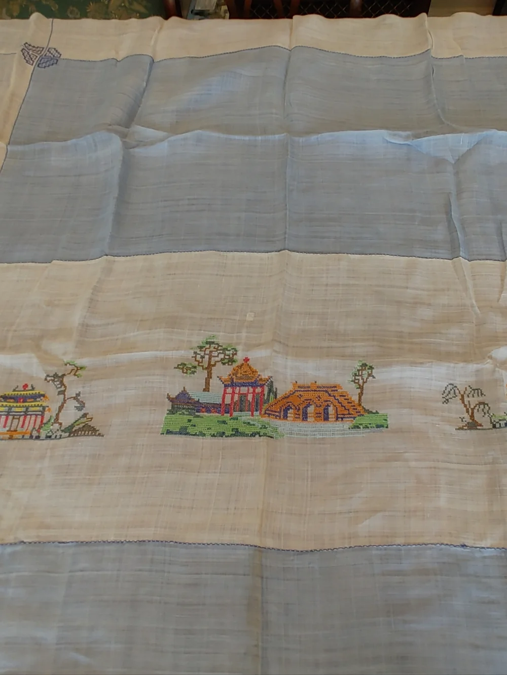 Hand-Embroidered Blue & Cream Tablecloth - Antique Linen 84